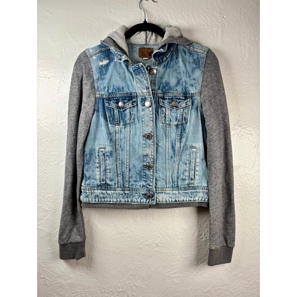 American Eagle Denim Jacket M Mixed Media Hooded Knit Y2K Grunge Trucker Retro